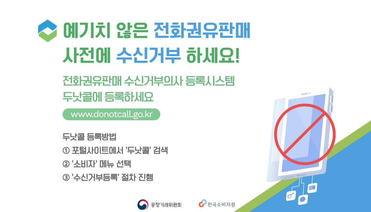 예기치 않은 전화권유판매 사전에 수신거부 하세요!. 전화권유판매 수신거부의사 등록시스템 두낫콜에 등록하세요. www.donotcall.go.kr. 두낫콜등록방법.1.포탈사이트에서 두낫콜 검색. 2.소비자 메뉴 선택. 3. 수신거부등록 절자 친행. 공정거래위원회. 한국소비자원.